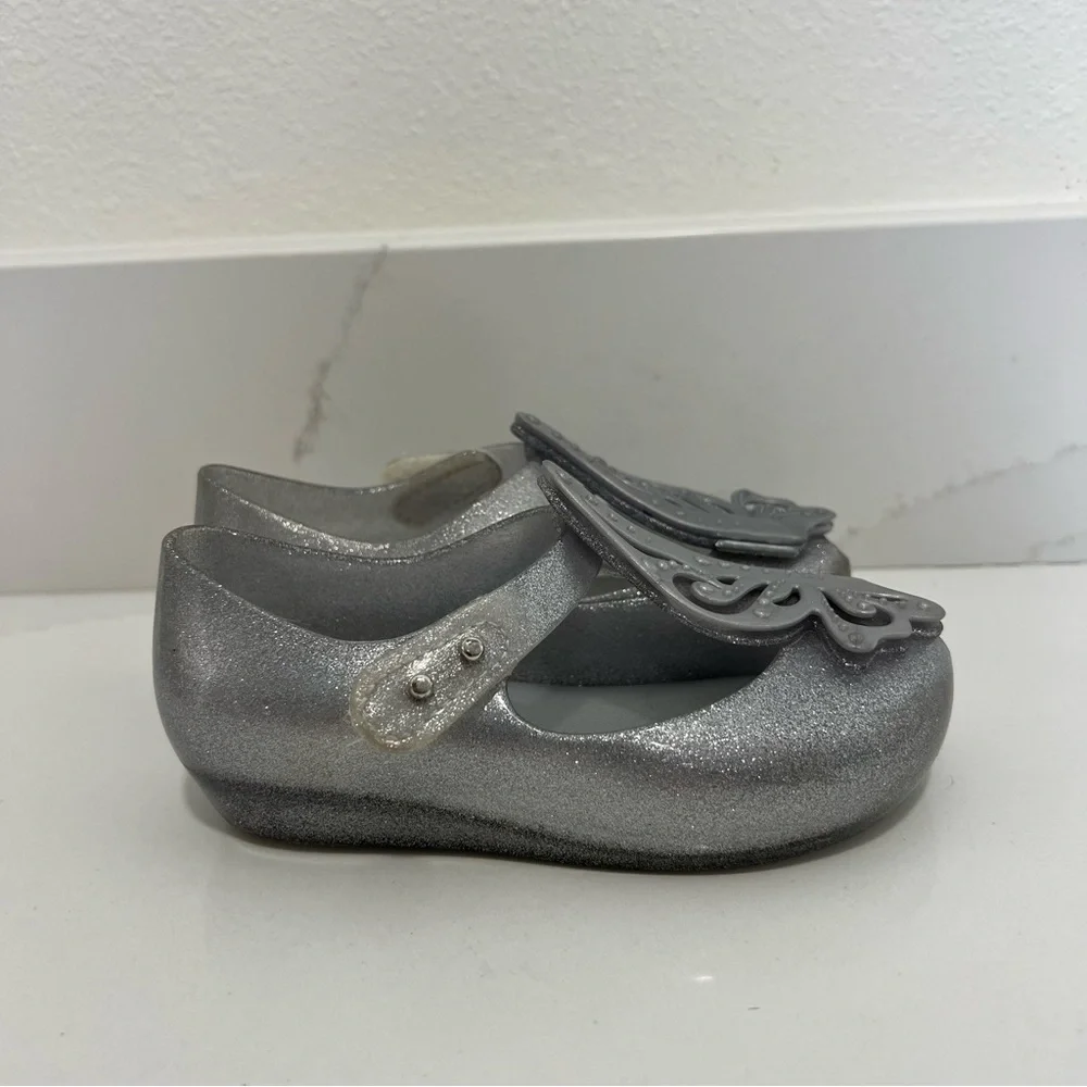 Mini Melissa Kids' Silver Glitter Shoes with Butterflies size 9